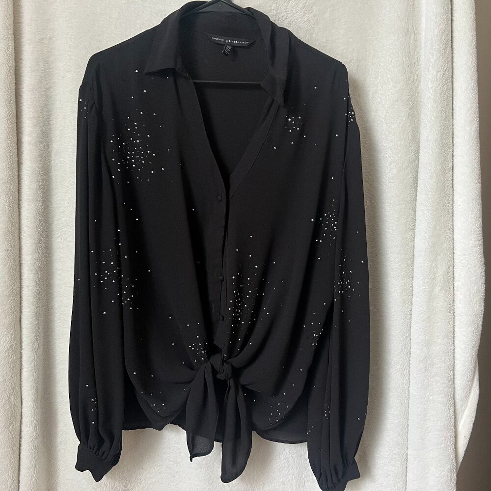 White House Black Market Womens Sparkle Blouse, XL, Black front tie